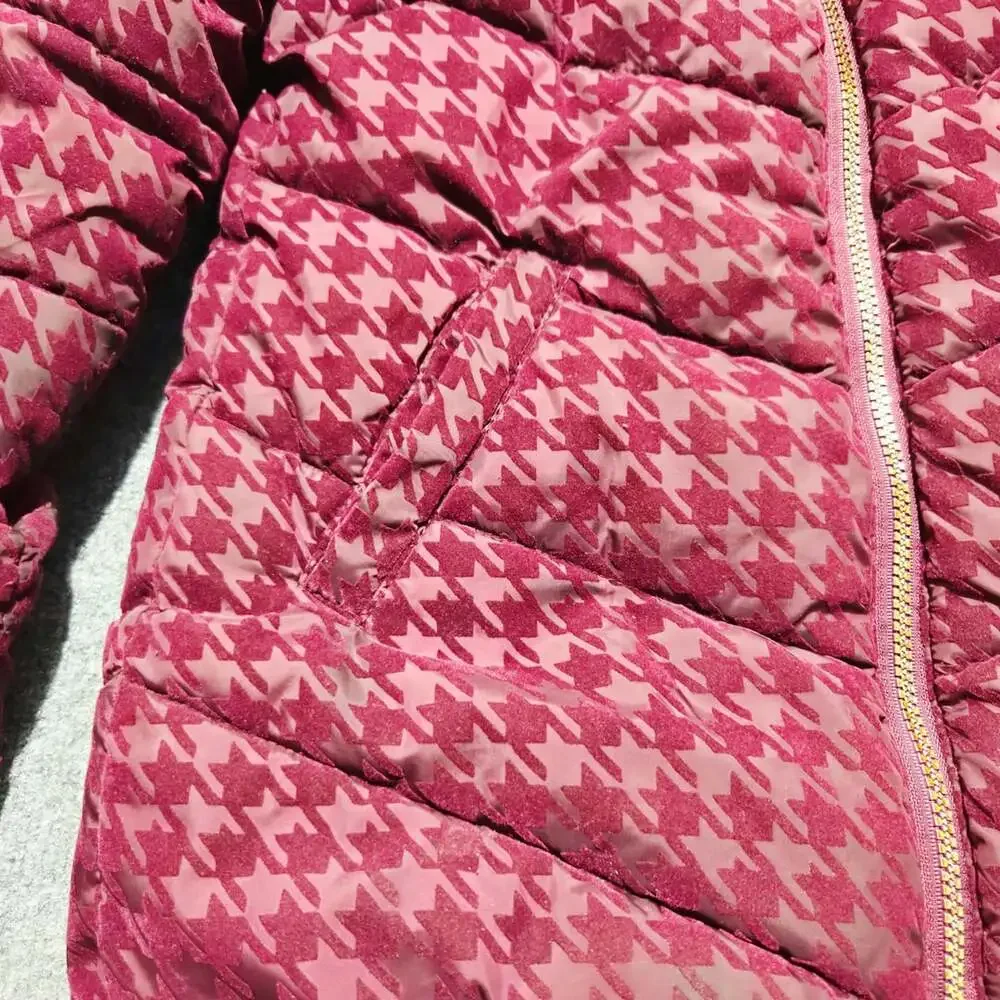 Juicy Couture Puffer Jacket Size 7/8 Burgundy Houndstooth Faux Fur Hood